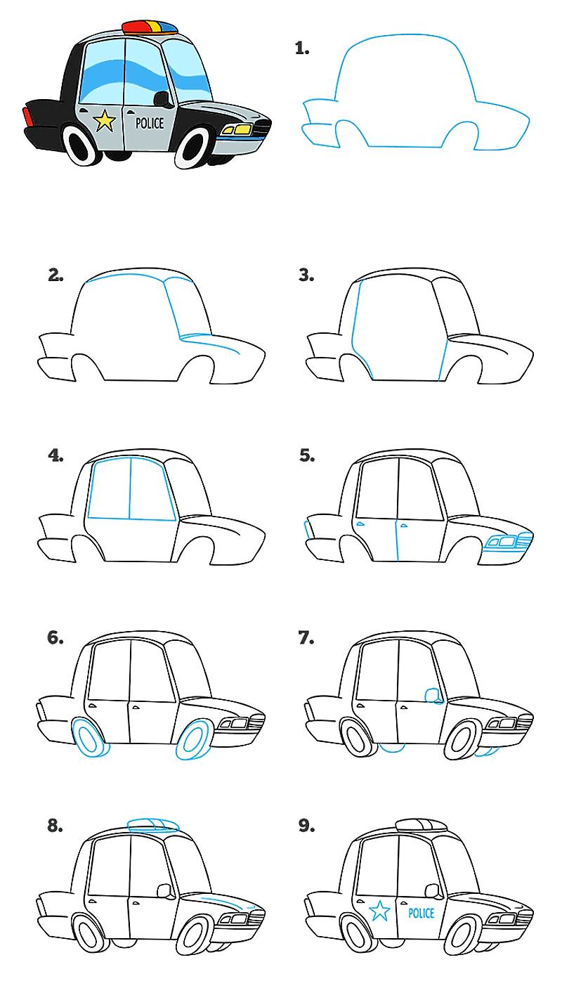 Detaillierte Anweisungen zum Polizeiauto zeichnen ideen
