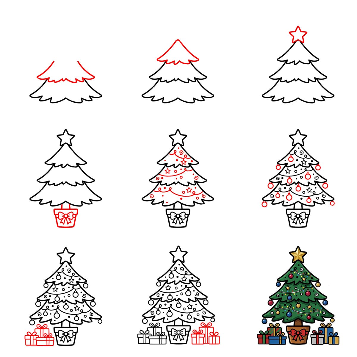 Detaillierter Weihnachtsbaum zeichnen ideen