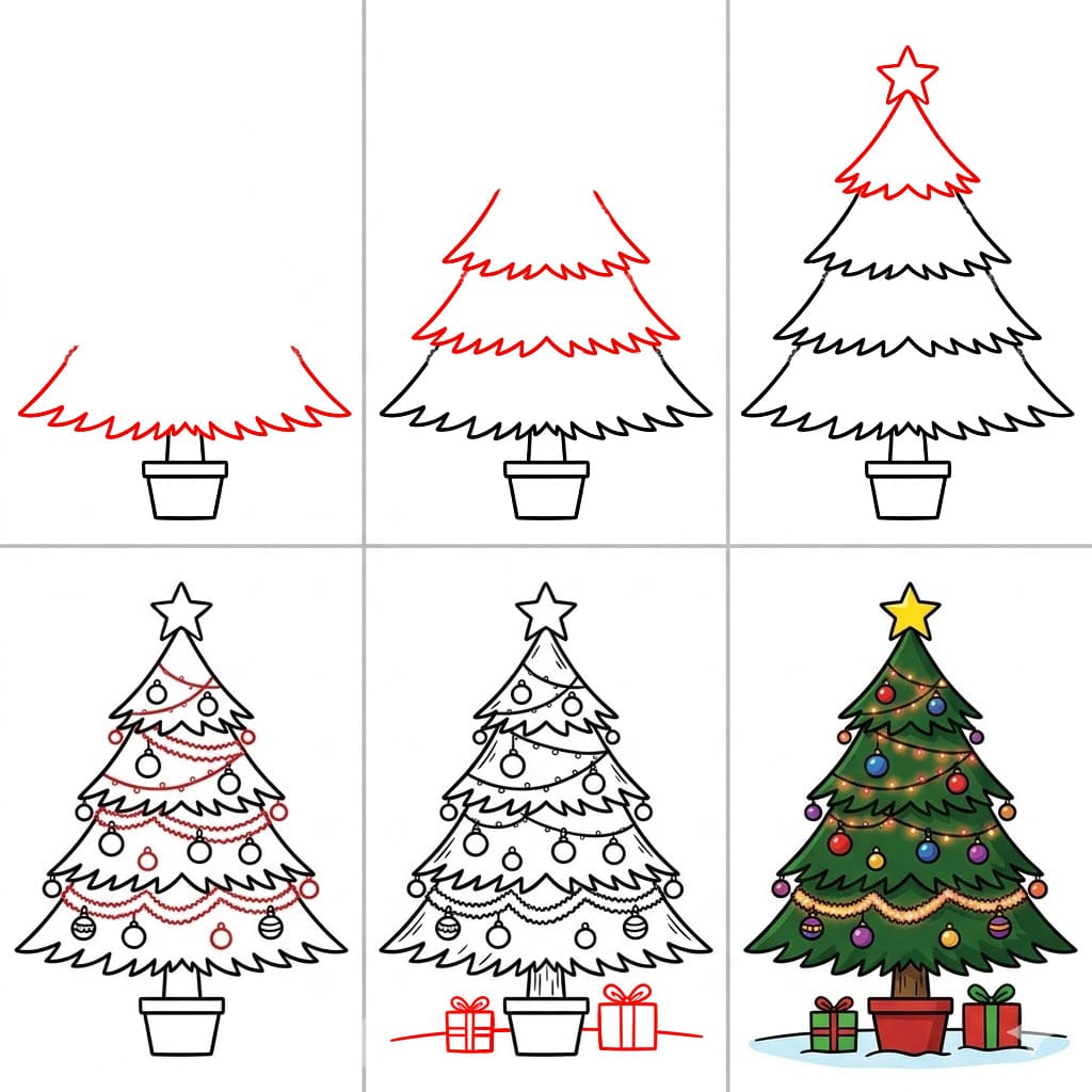 Weihnachtsbaum mit Geschenkboxen zeichnen ideen