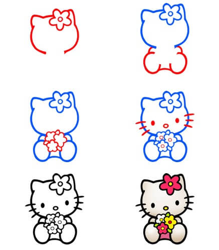 Zeichnen Lernen Hello Kitty hält Blumen