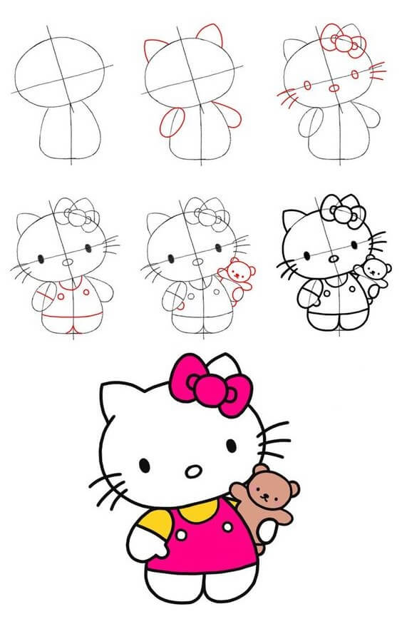 Zeichnen Lernen Hello Kitty umarmt den Bären