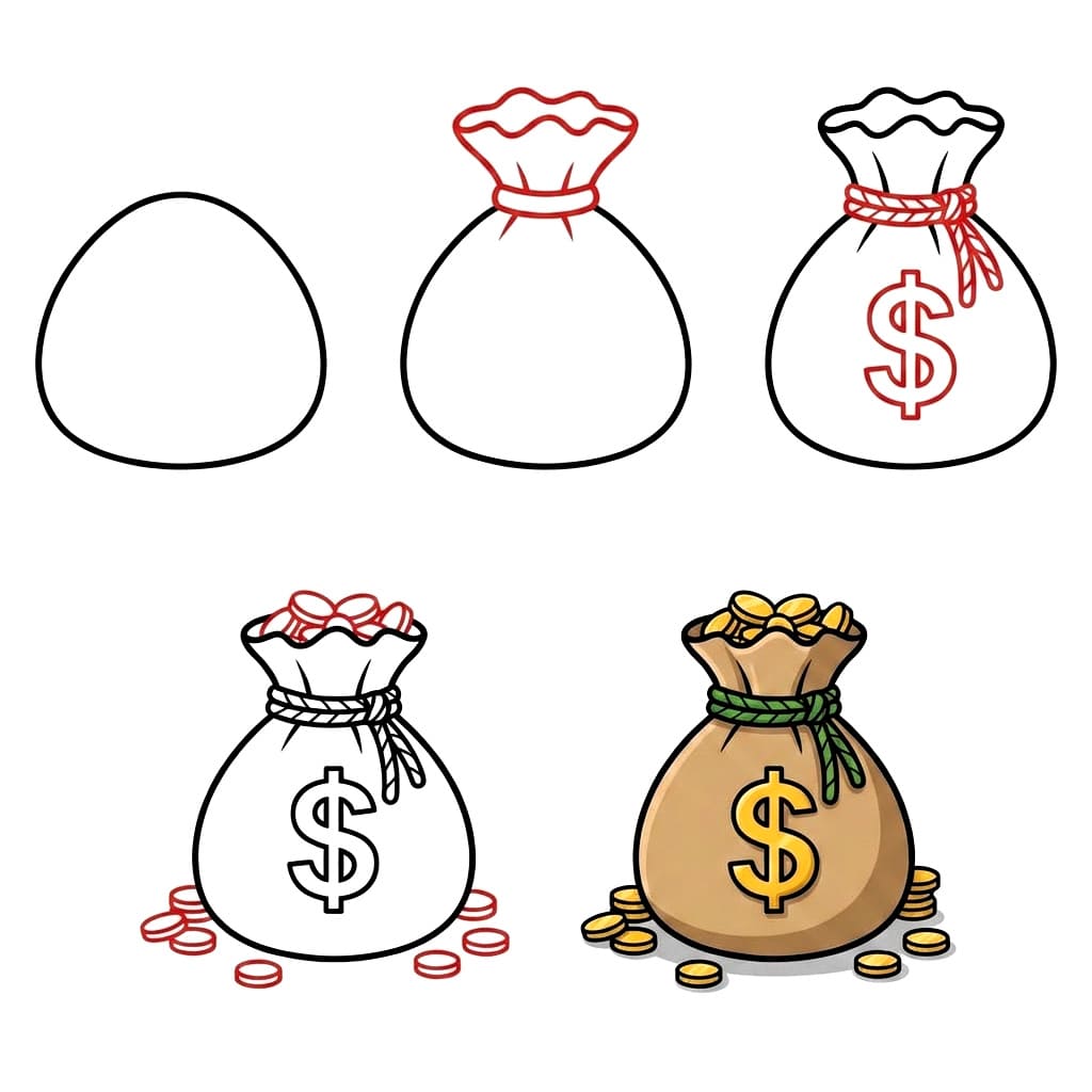 Geldsack mit Münzen zeichnen ideen