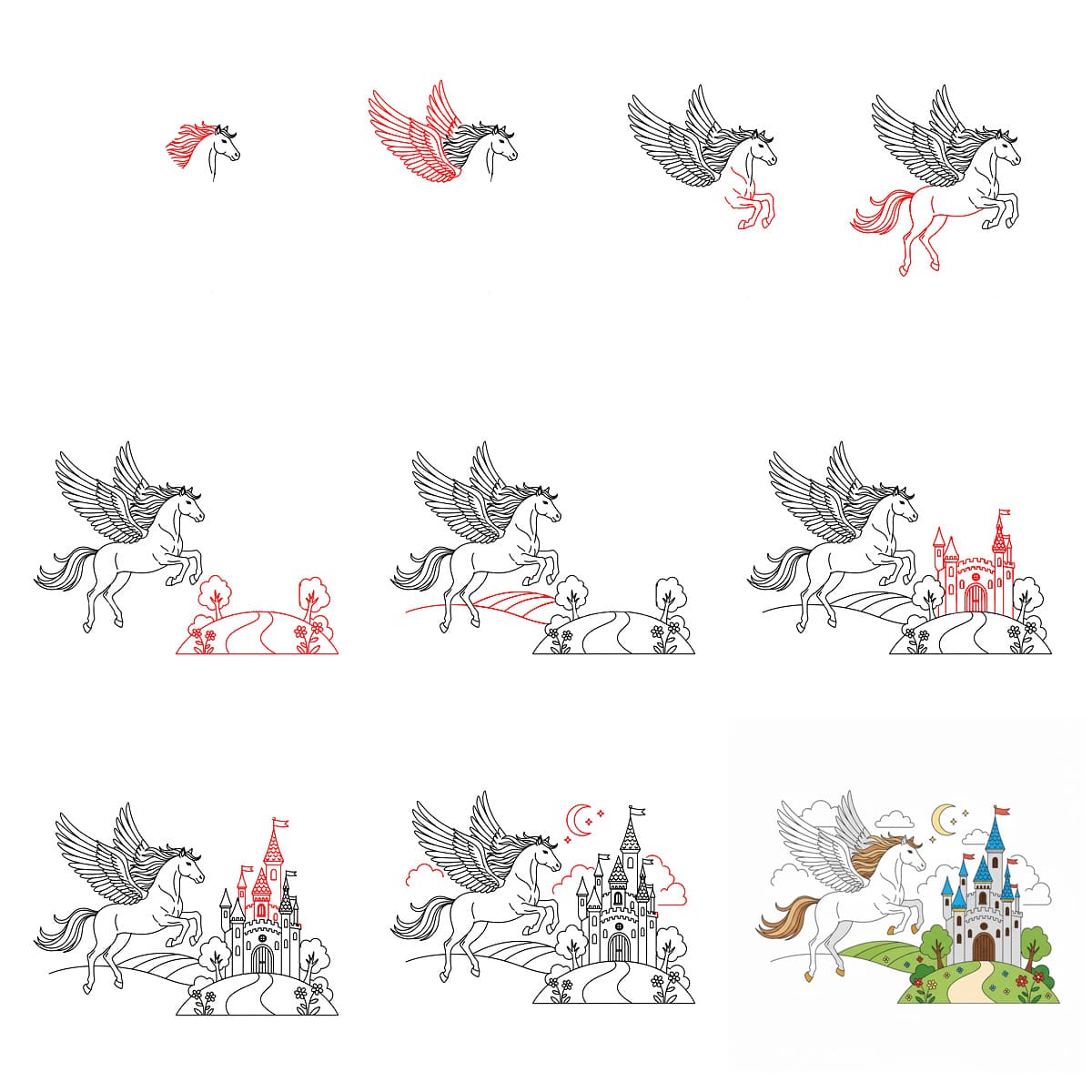 Pegasus und Schloss zeichnen ideen