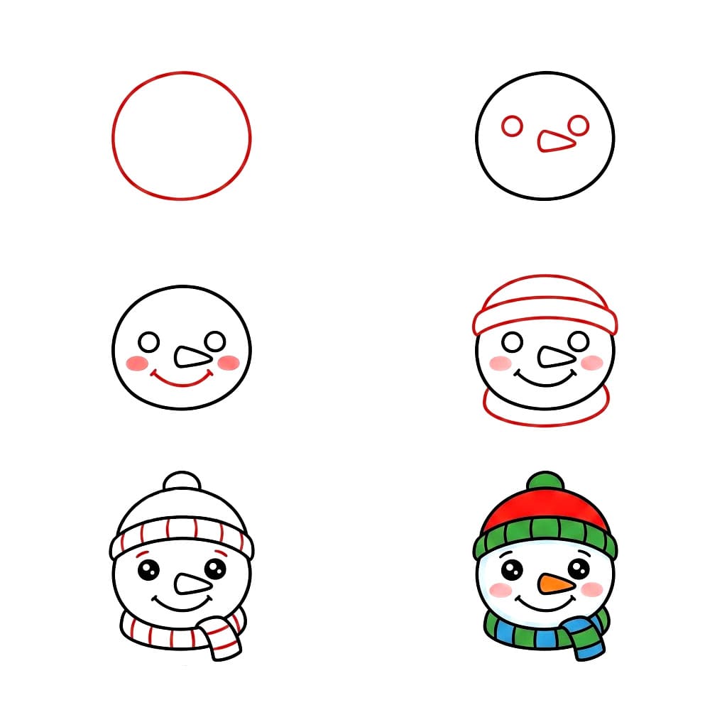 Schneemann Gesicht mit Schal und Hut zeichnen ideen