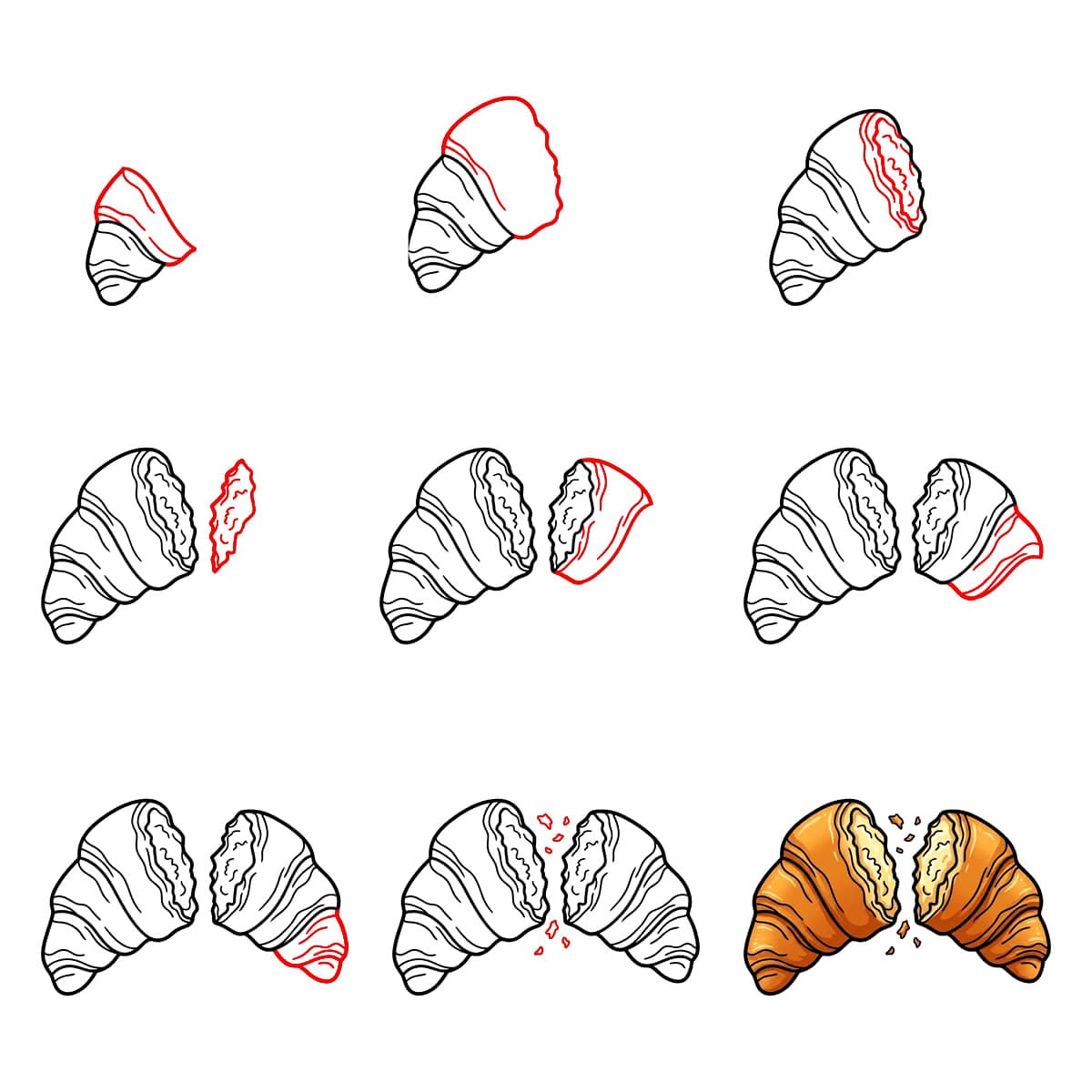 Croissant in Stücke gebrochen zeichnen ideen