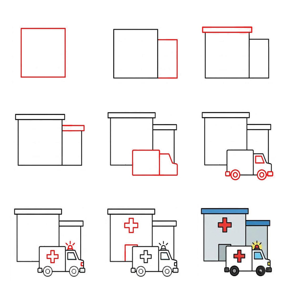 Kostenloses Krankenhaus und Krankenwagen zeichnen ideen