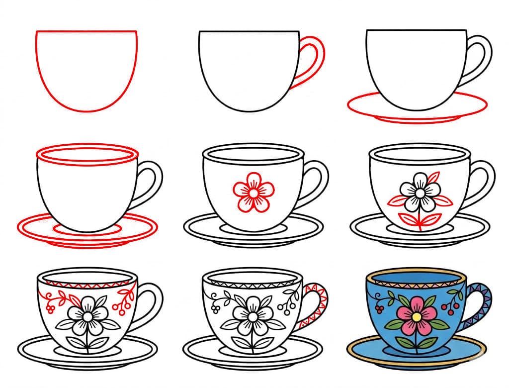 Teetasse mit Blumenmuster zeichnen ideen