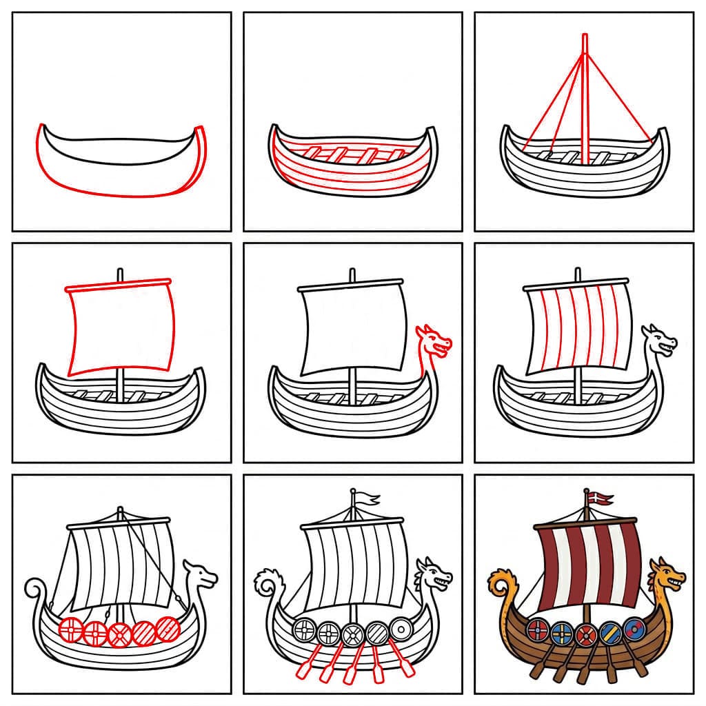 Wikingerschiff mit Drachenmotiv zeichnen ideen
