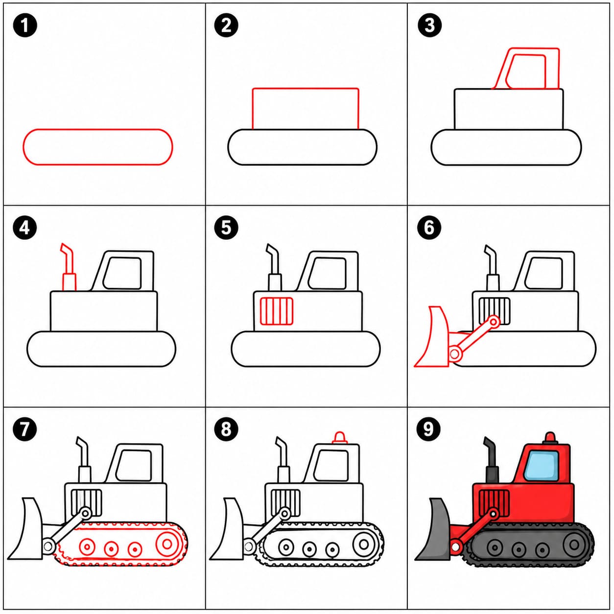 Roter Bulldozer, Seitenansicht zeichnen ideen