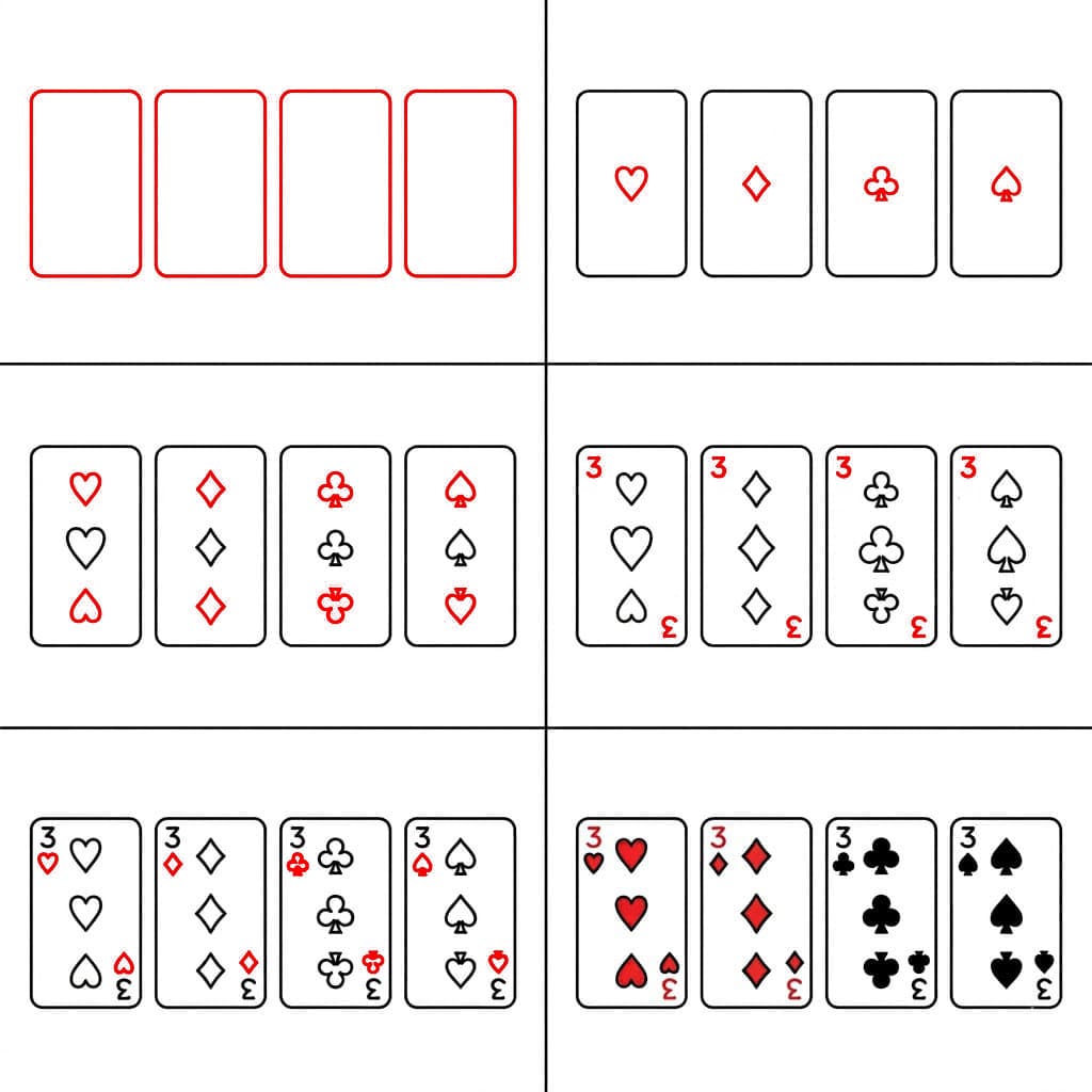 Spielkarten Vier Dreien zeichnen ideen