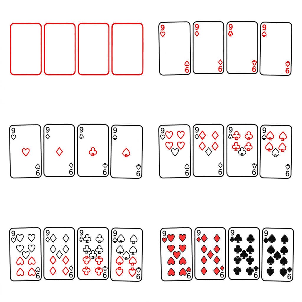 Spielkarten Vier Neunen zeichnen ideen