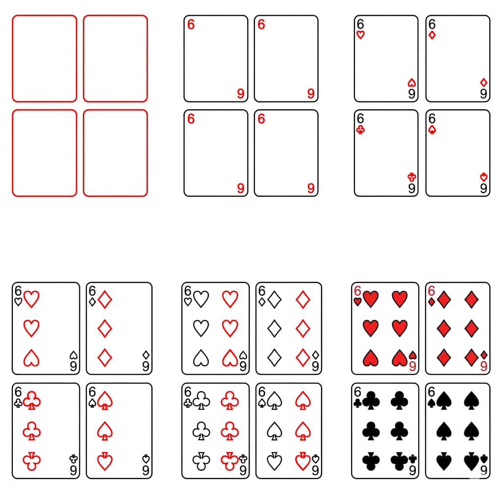 Spielkarten Vier Sechsen zeichnen ideen