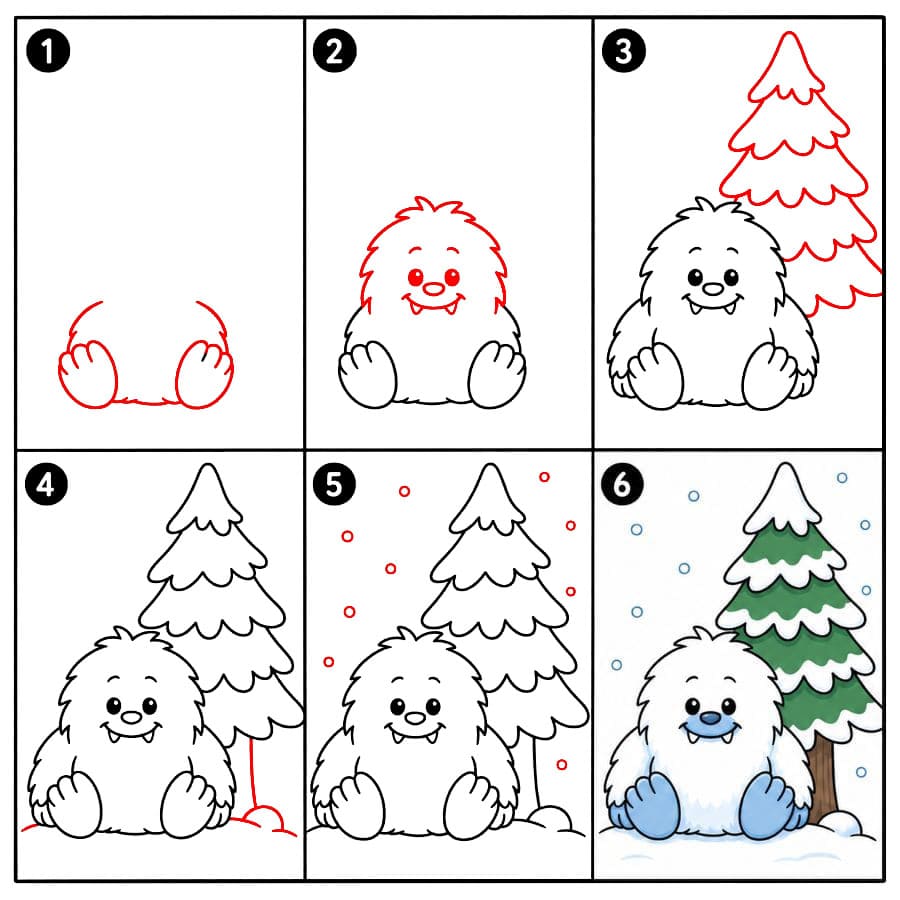 Yeti mit verschneiter Tanne zeichnen ideen